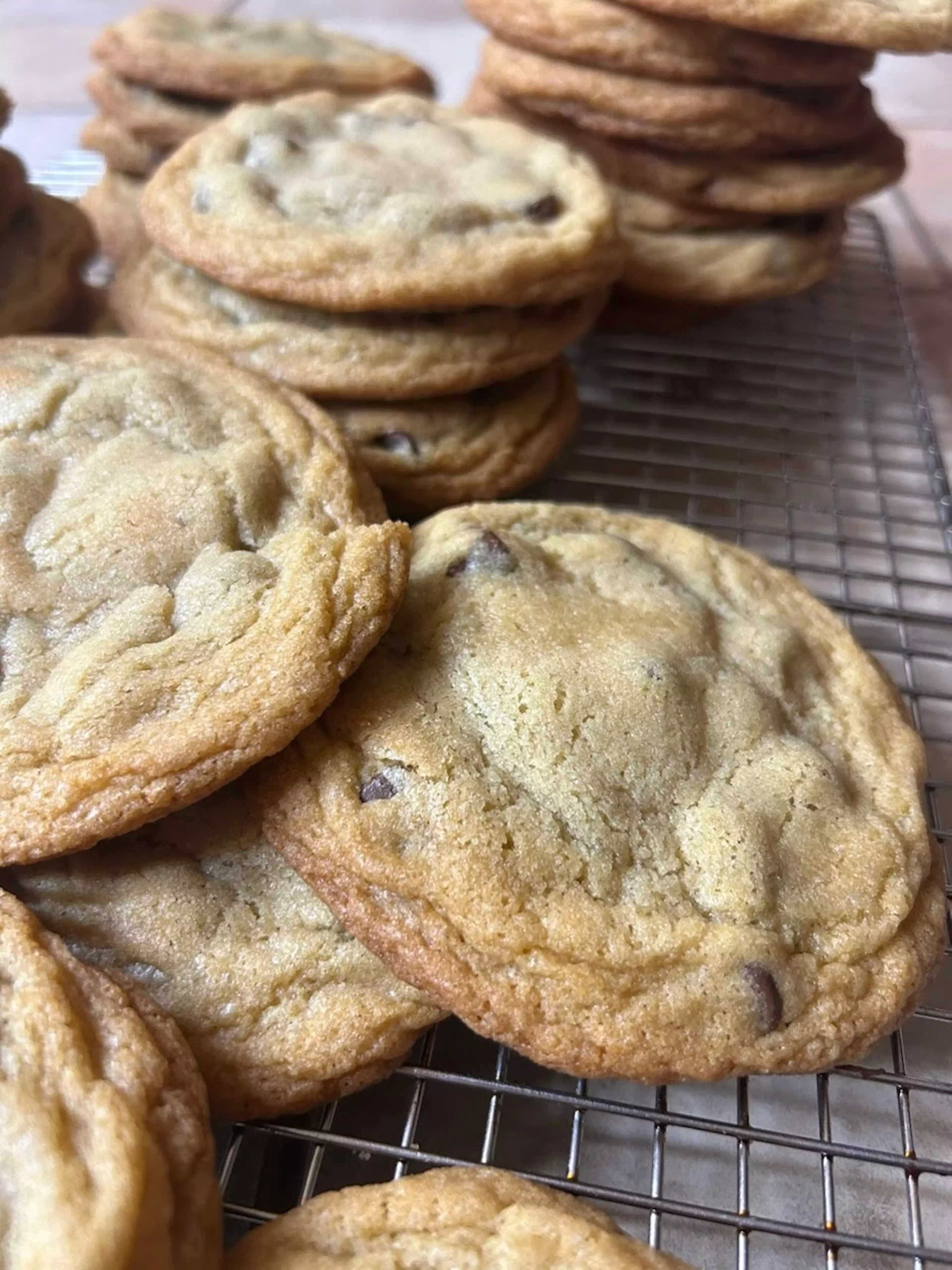 A small pile of freshly-baked chocolate chip cookies.