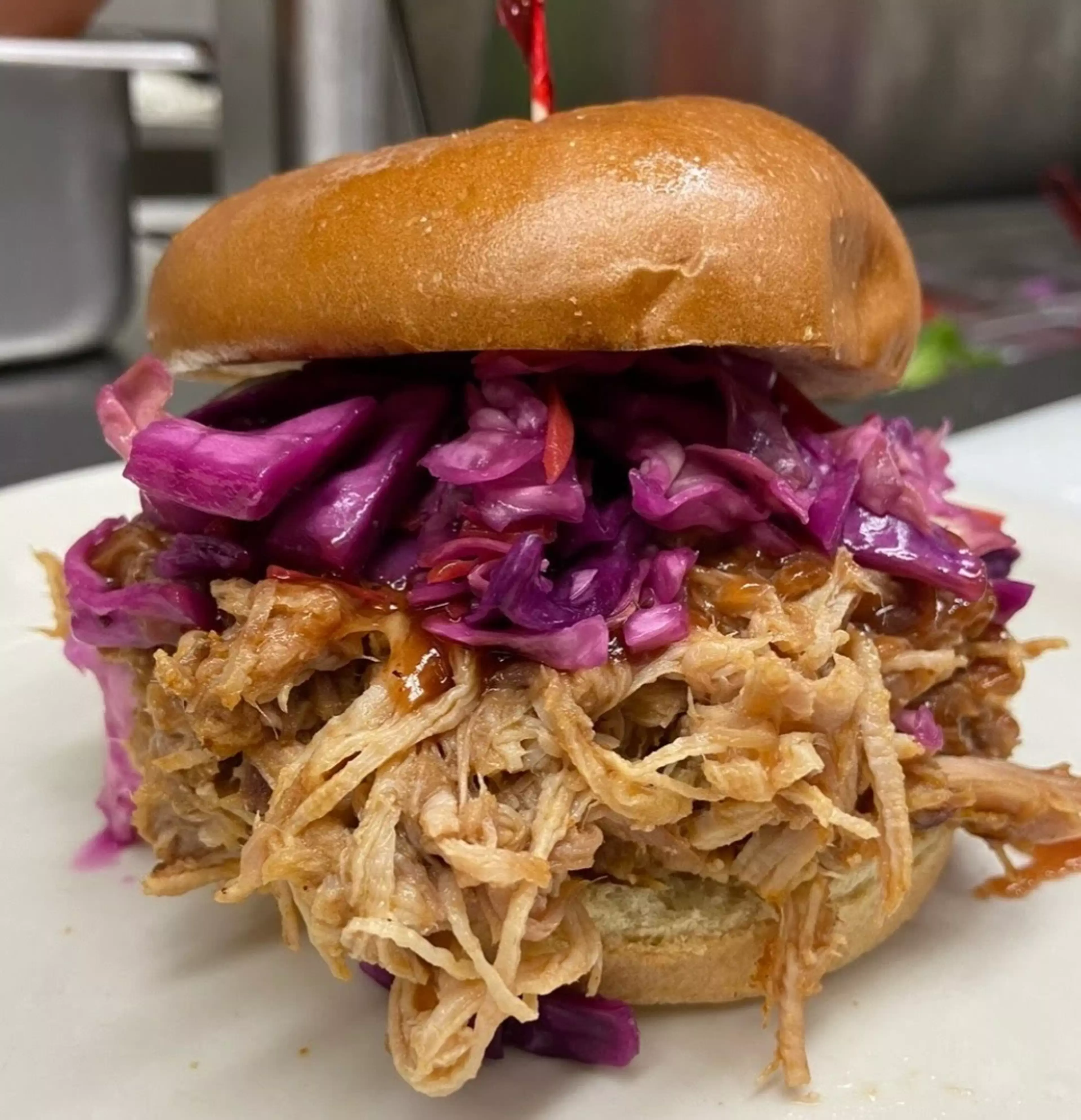 A BBQ pulled pork sandwich from Bean Catering.